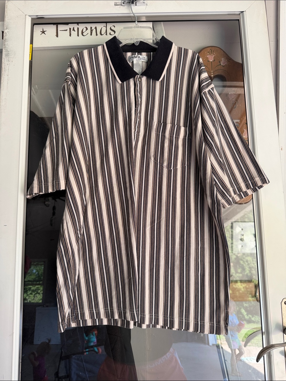 Original Penguin vintage Black and Cream Striped Polo with Black Collar